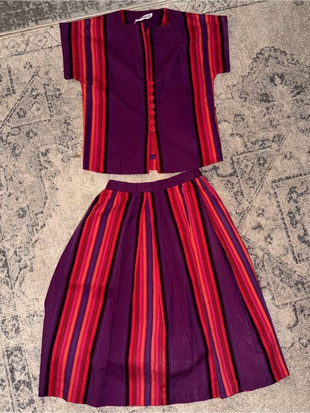 Vintage Two-Piece Purple & Red Striped Skirt Set